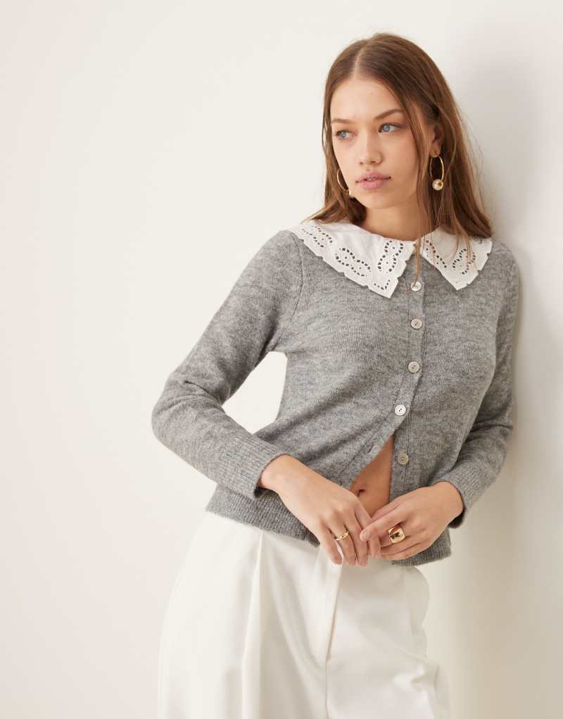 Nobody's Child woven broderie collar knit cardigan in gray Nobody's Child