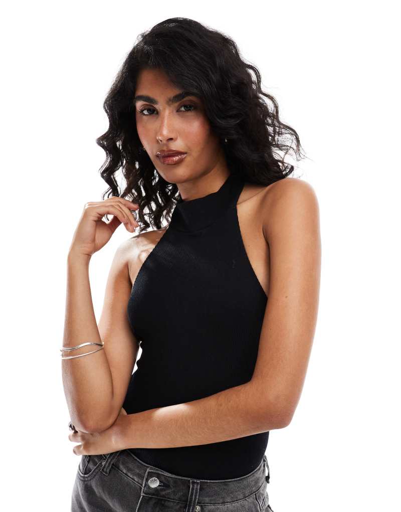 ONLY seamless ribbed halterneck bodysuit in black ONLY