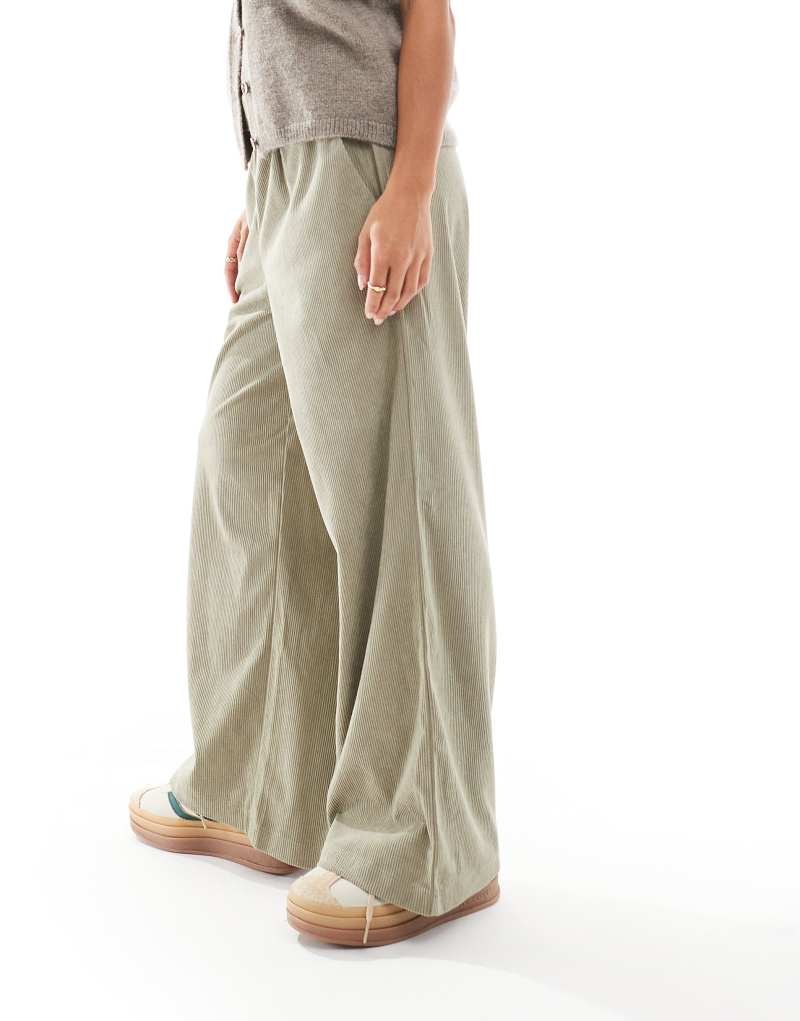 ONLY Petite wide leg pull on corduroy pants in sage  ONLY