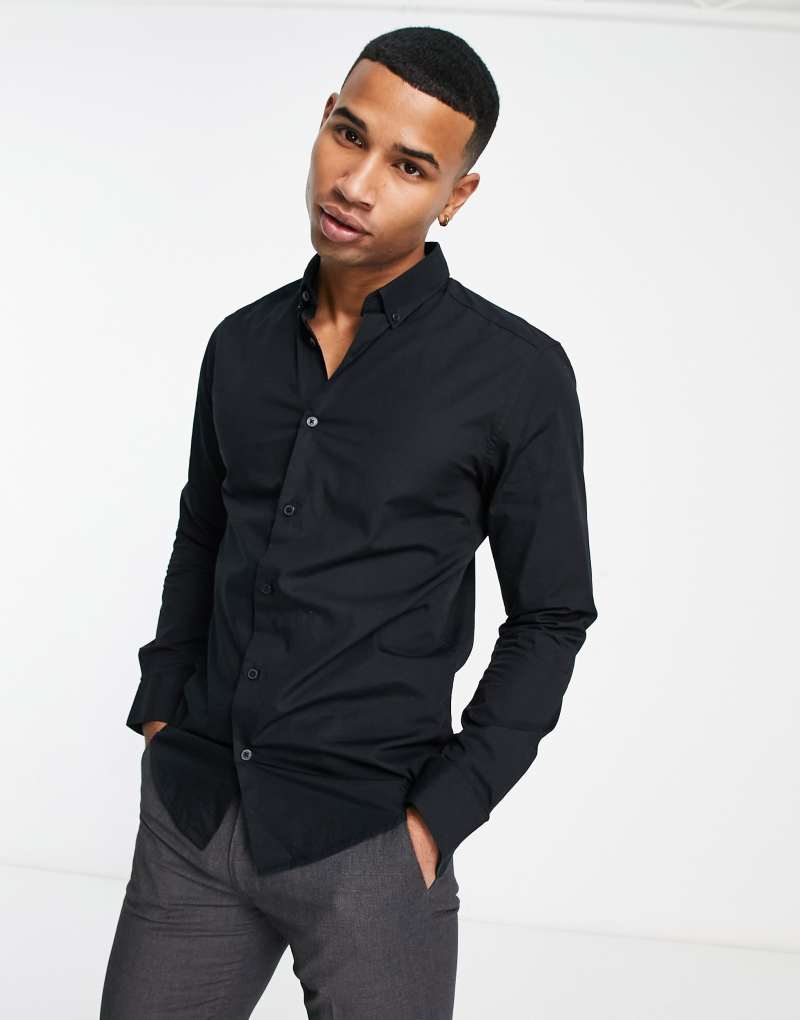 Only & Sons slim fit stretch poplin shirt in black Only & Sons