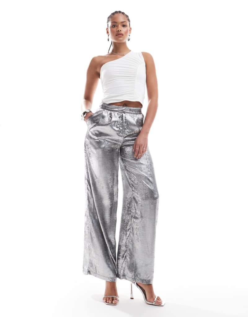 ONLY Tall loose fit all over foil pants in gunmetal ONLY