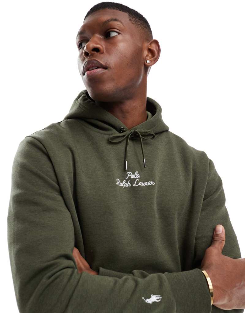 Polo Ralph Lauren central script logo double knit hoodie in heathered dark green Polo Ralph Lauren