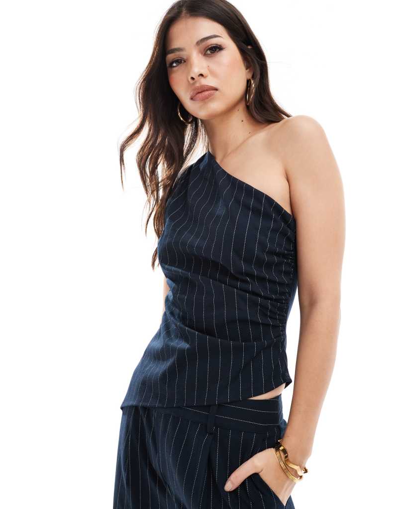 Pretty Lavish one shoulder ruched top in navy pinstripe - part of a set Pretty Lavish