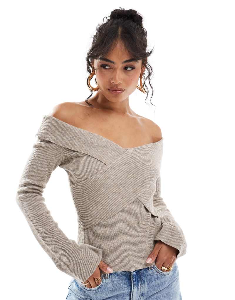 Pretty Lavish cross over knit top in beige Pretty Lavish