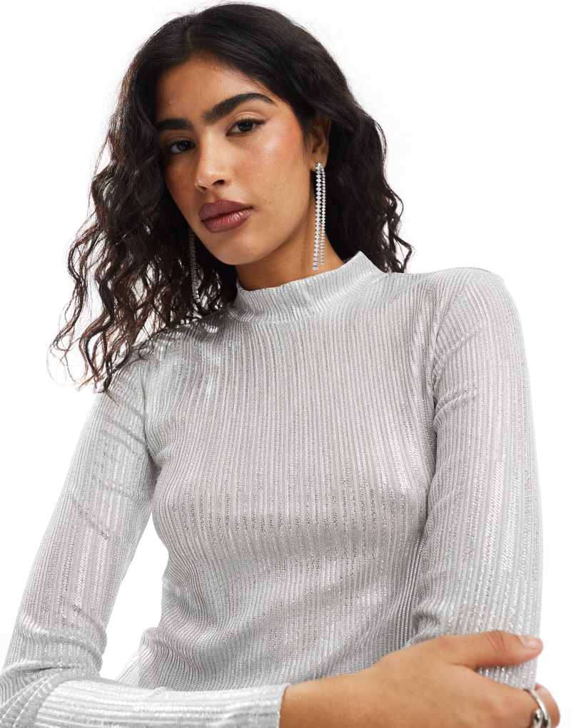 Pieces long sleeve textured top in silver Pieces