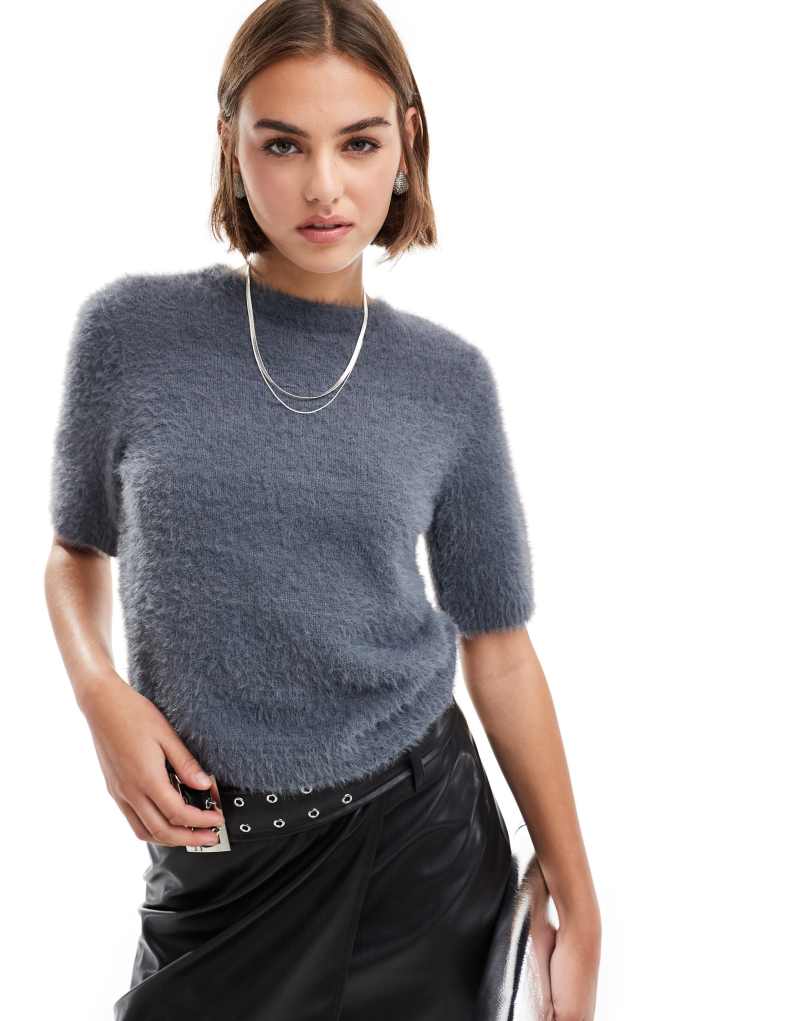 Pretty Lavish cropped knit T-shirt in charcoal Pretty Lavish