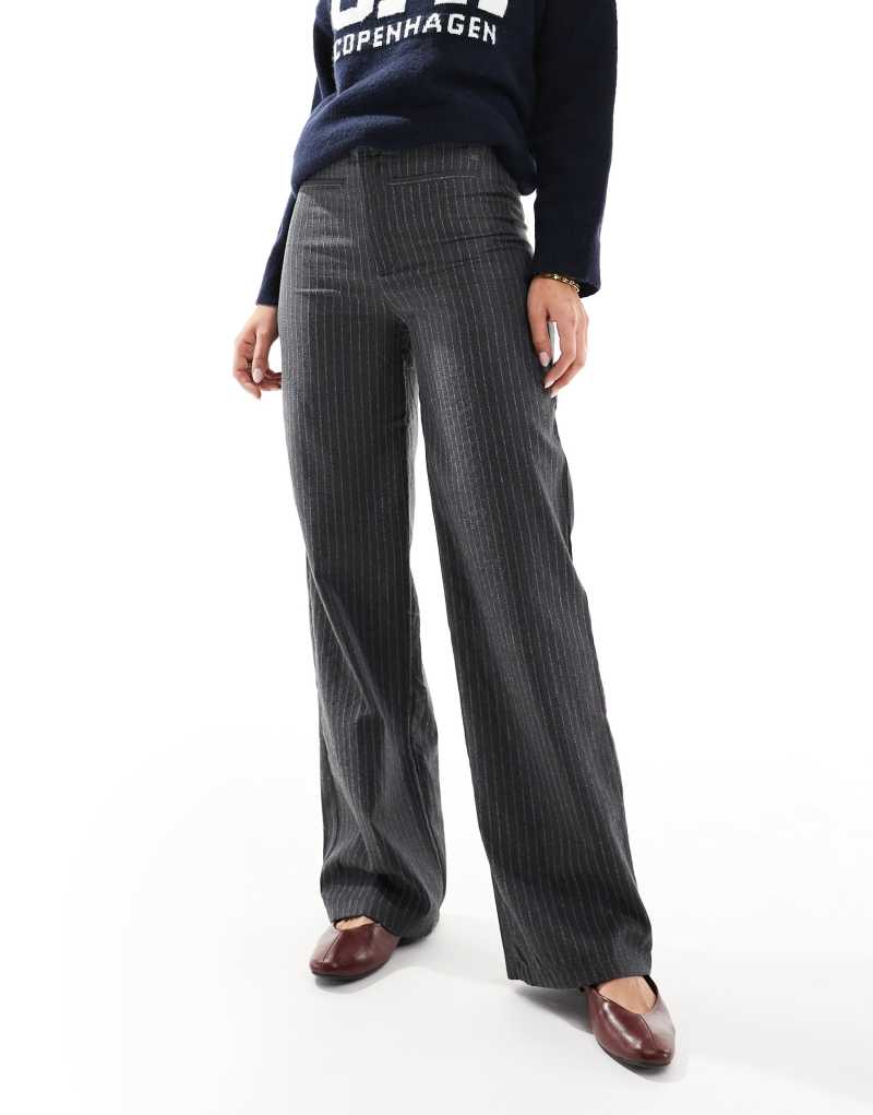 Pull&Bear raw hem waistband straight leg pants in gray pinstripe Pull&Bear