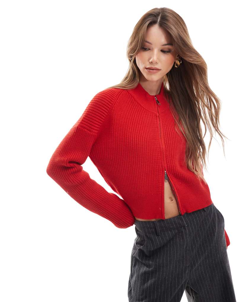 Pull&Bear zip through micro cardigan in red Pull&Bear