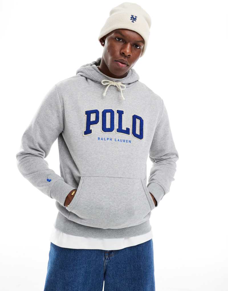 Polo Ralph Lauren chenille applique logo fleece hoodie in heather gray Polo Ralph Lauren