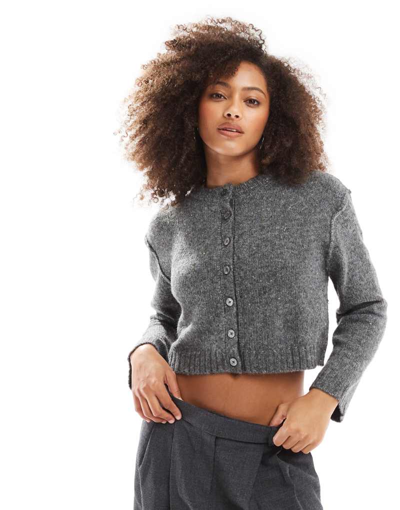 Pull&Bear heather effect micro cardigan in dark gray Pull&Bear