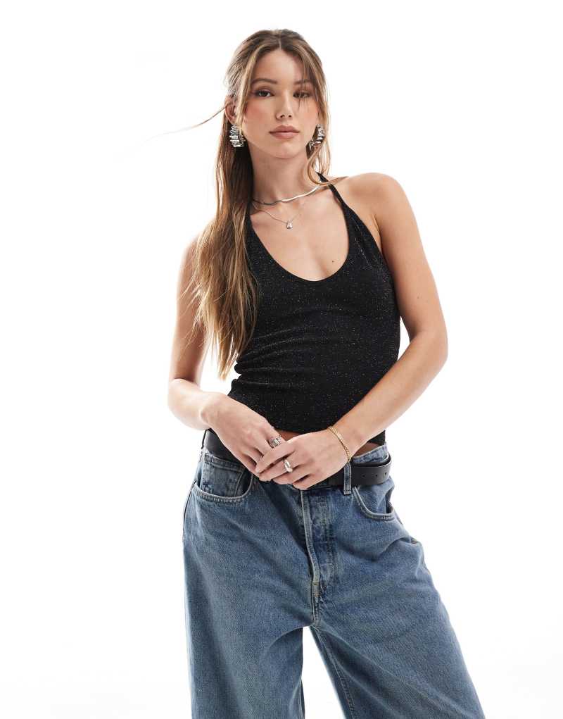 Pull&Bear glitter halterneck top in black Pull&Bear