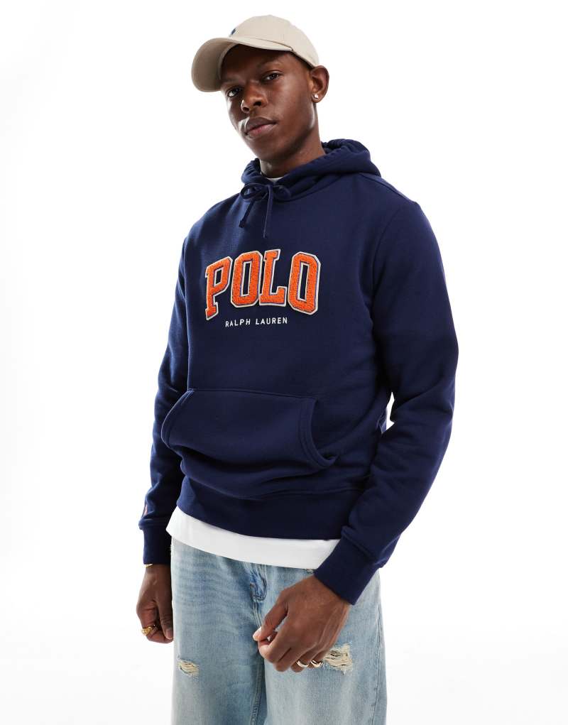 Polo Ralph Lauren chenille applique logo fleece hoodie in navy Polo Ralph Lauren