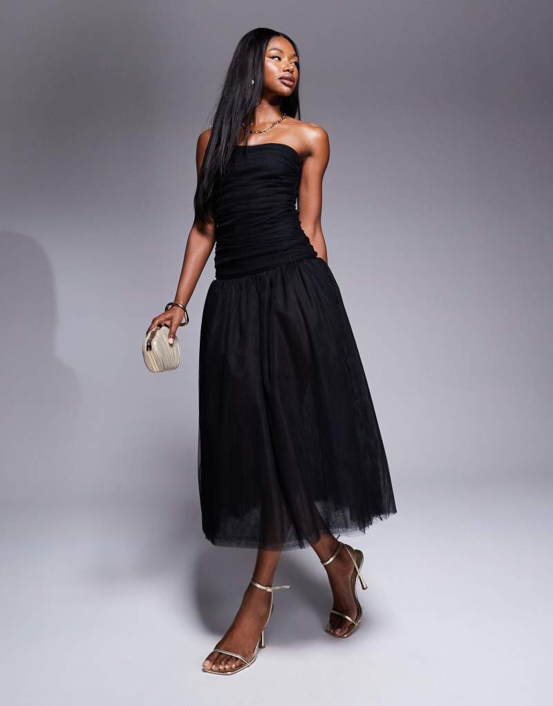 Rare London tulle bandeau drop waist maxi dress in black Rare