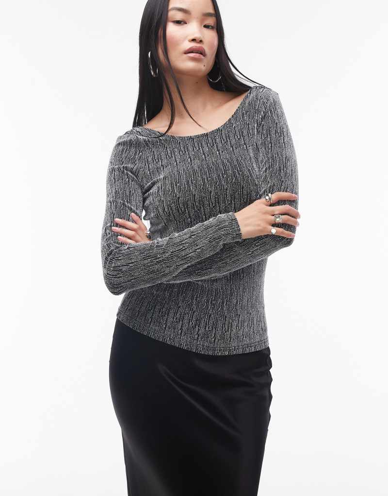 Selected Femme long sleeve lurex glitter top in silver Selected