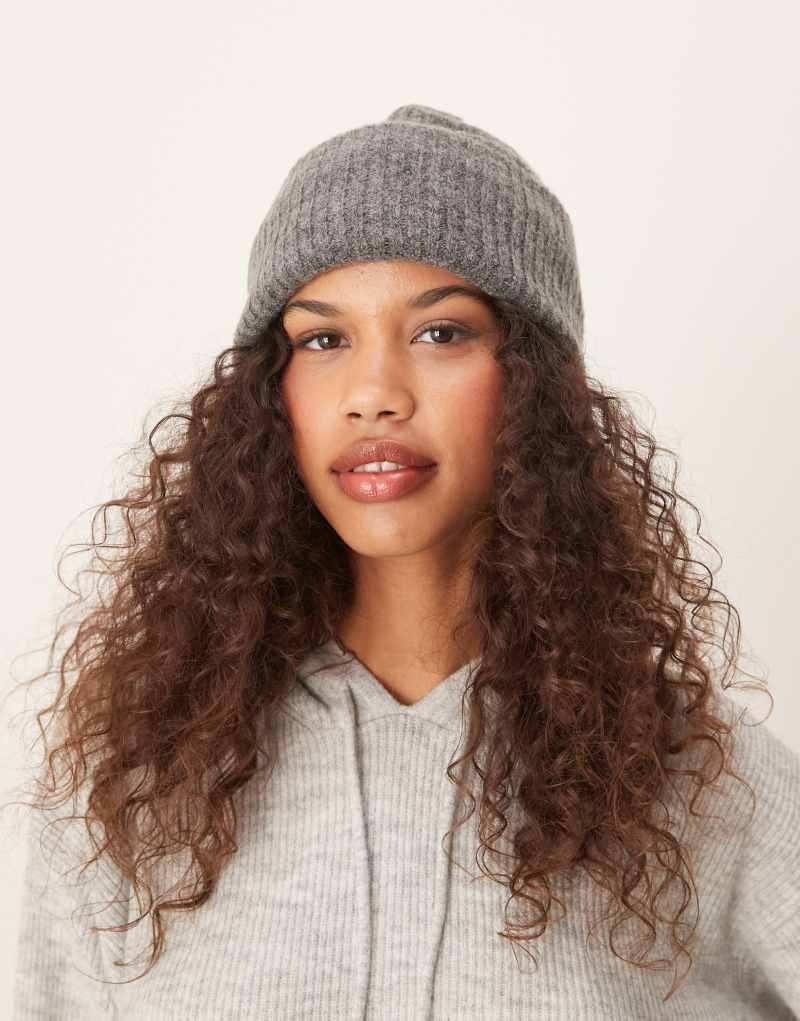 Selected Femme fluffy knit beanie in gray Selected