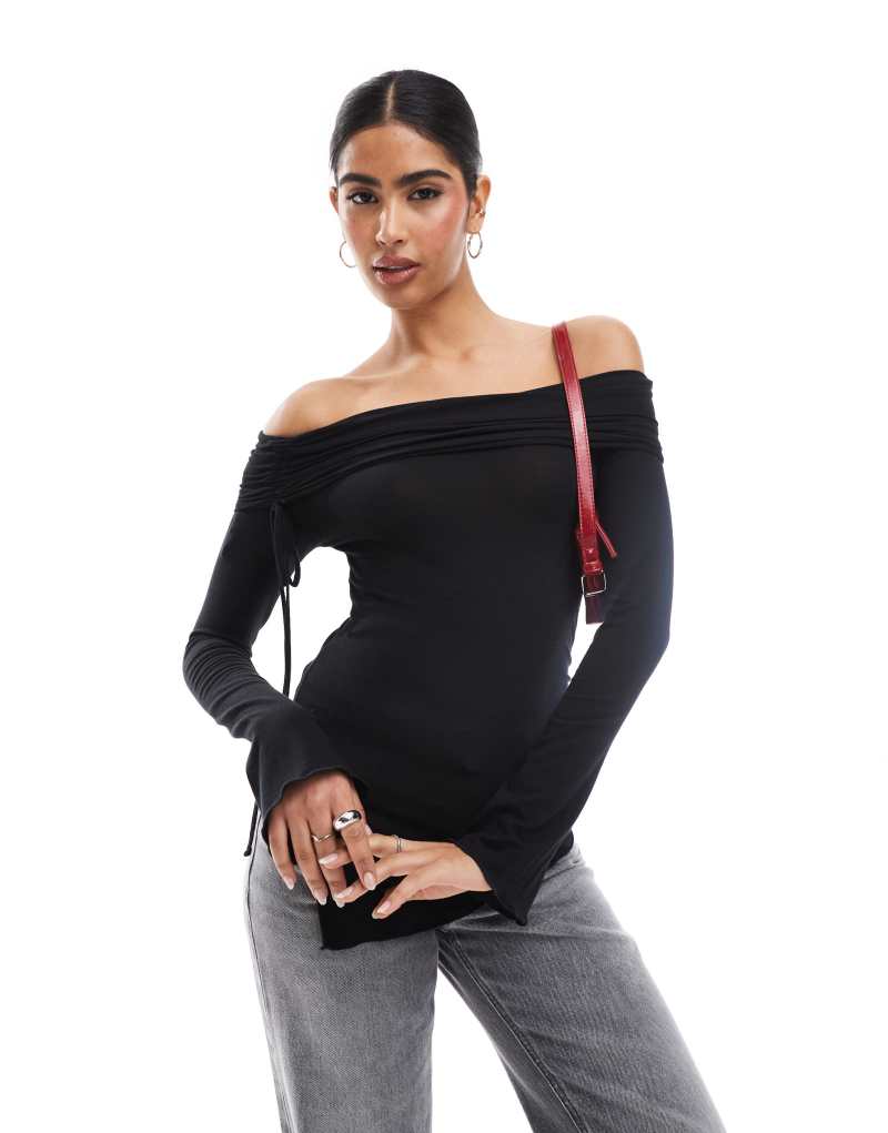 Stradivarius off shoulder asymmetric top in black Stradivarius