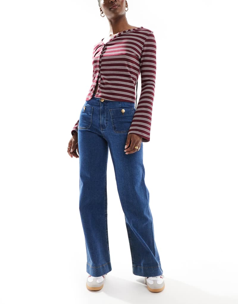 Stradivarius straight leg jeans with button detail in mid blue Stradivarius