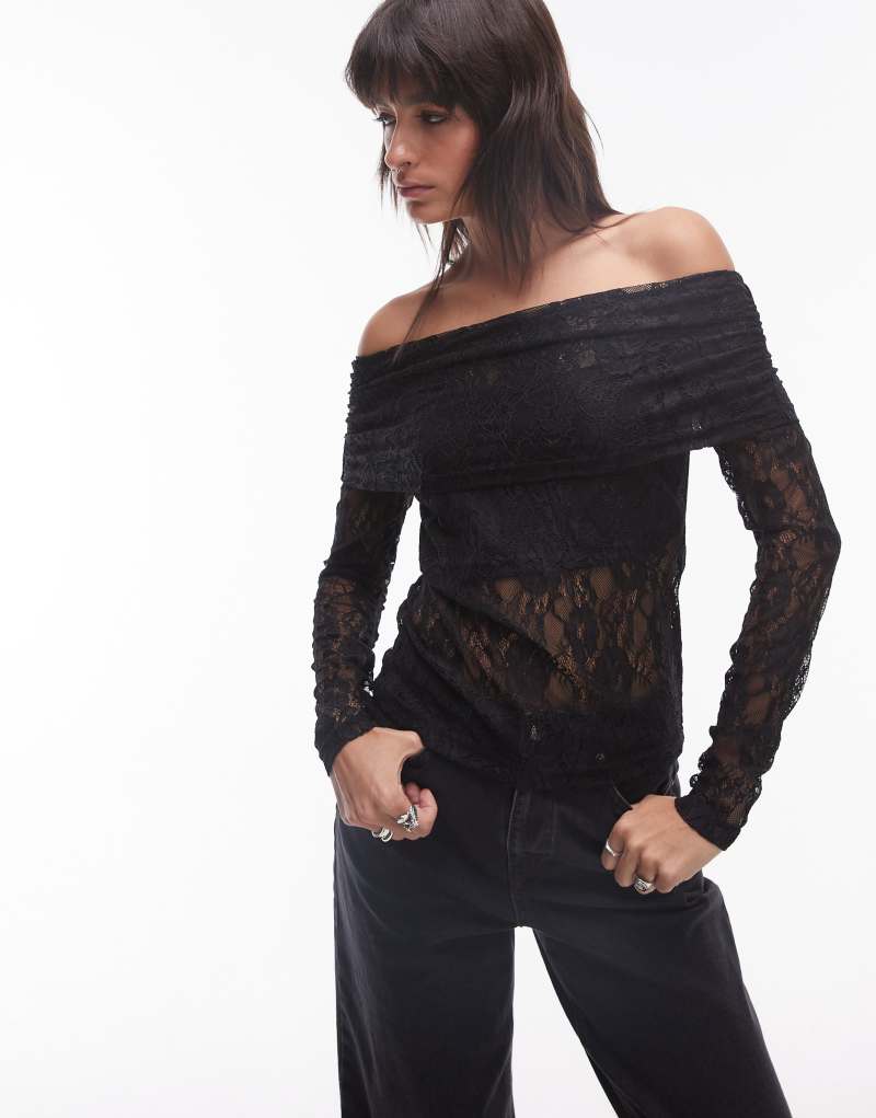 Selected Femme long sleeve lace off the shoulder top in black Selected