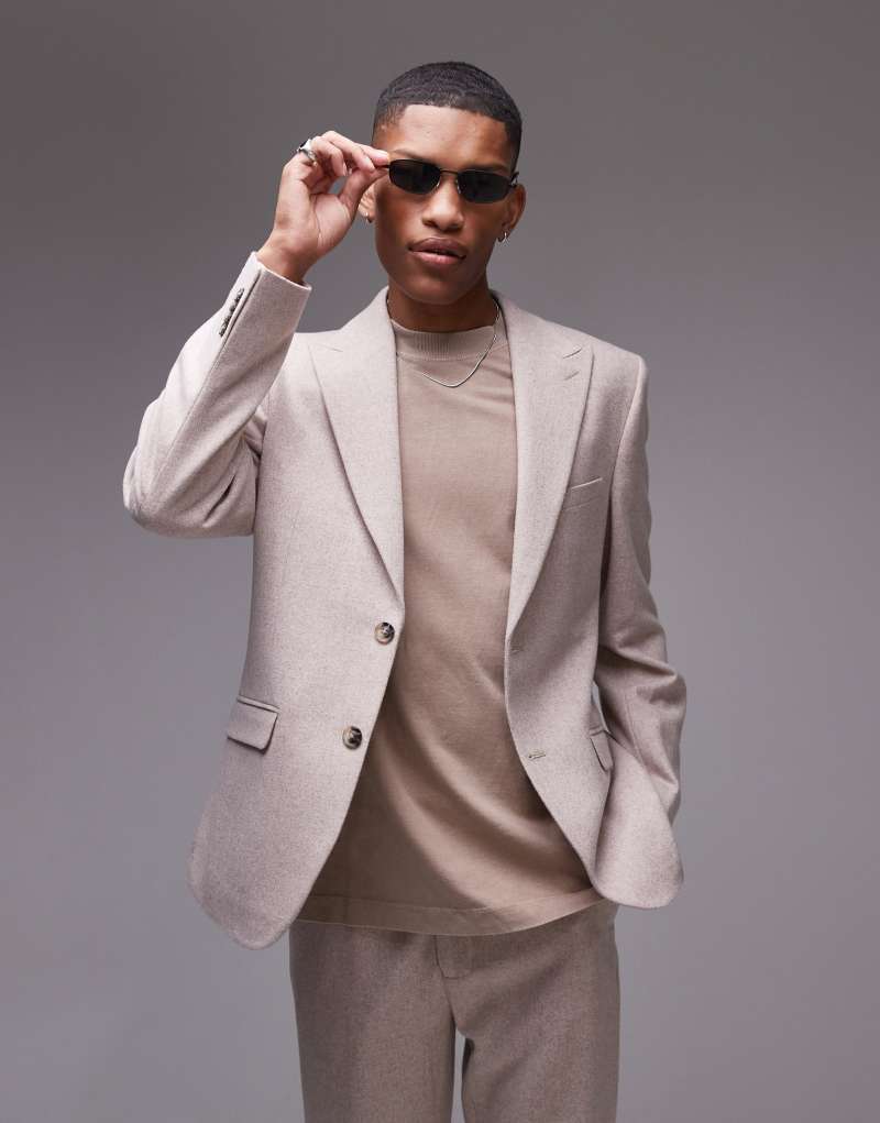 Topman premium slim wool mix suit jacket in stone TOPMAN