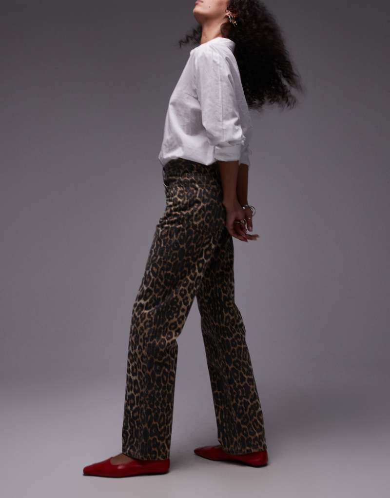 Topshop longline straight leg leopard print pants in multi TOPSHOP