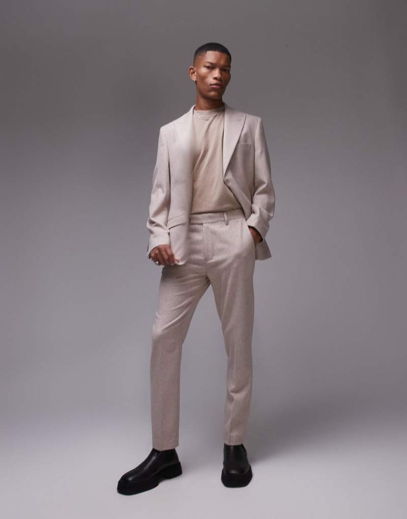 Topman premium slim wool mix suit pants in stone TOPMAN