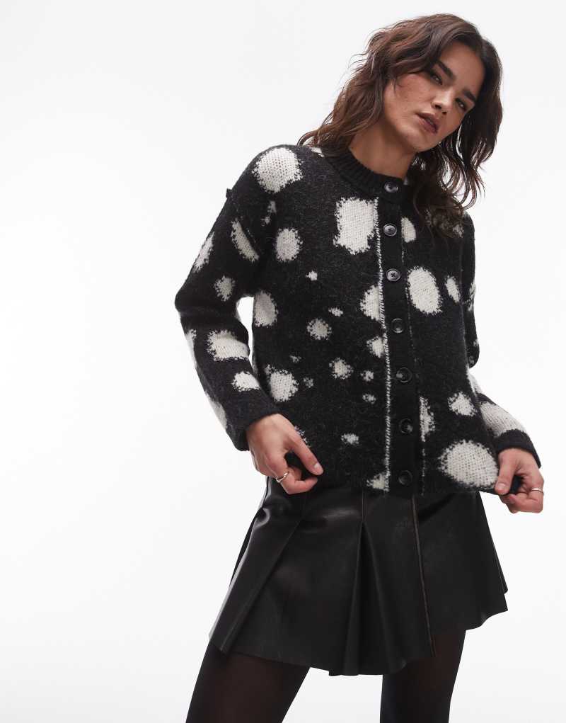 Topshop knitted boxy spot cardi in mono TOPSHOP