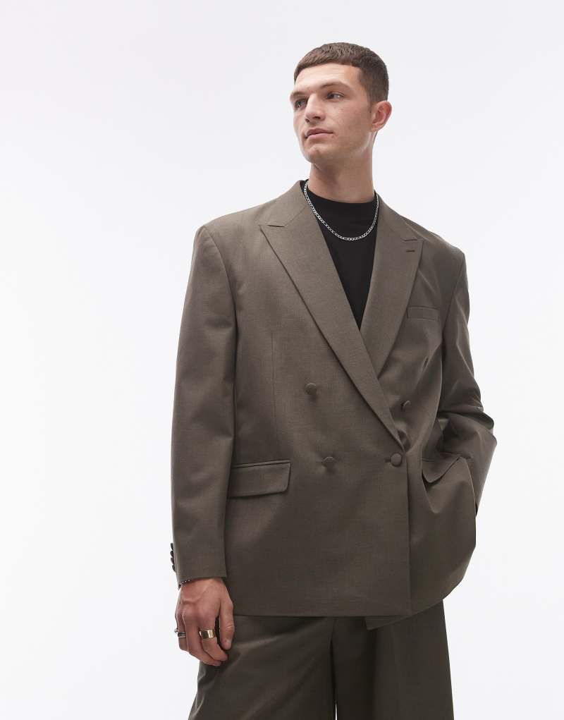 Topman relaxed deconstructed double breasted suit jacket in khaki TOPMAN