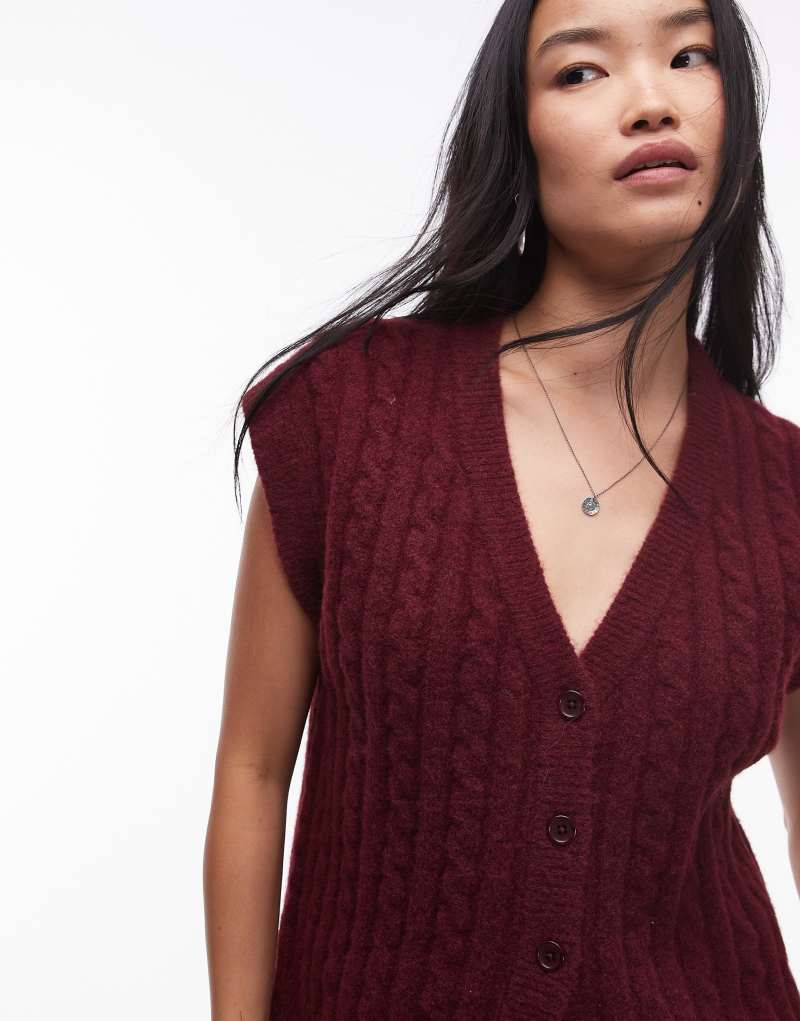 Topshop knitted cable vest in burgundy TOPSHOP