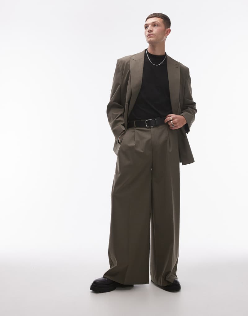 Topman wide leg high waist pants in khaki TOPMAN