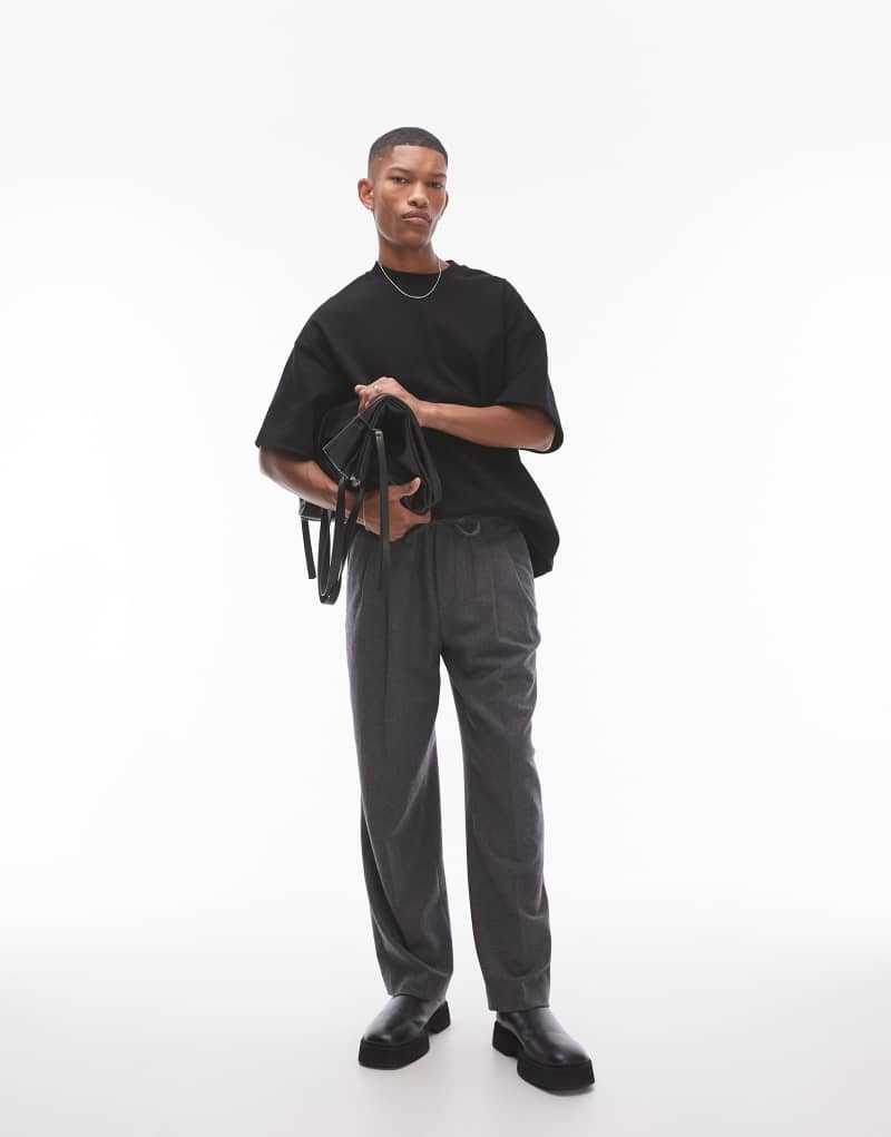 Topman premium wool mix wide leg pants in charcoal TOPMAN