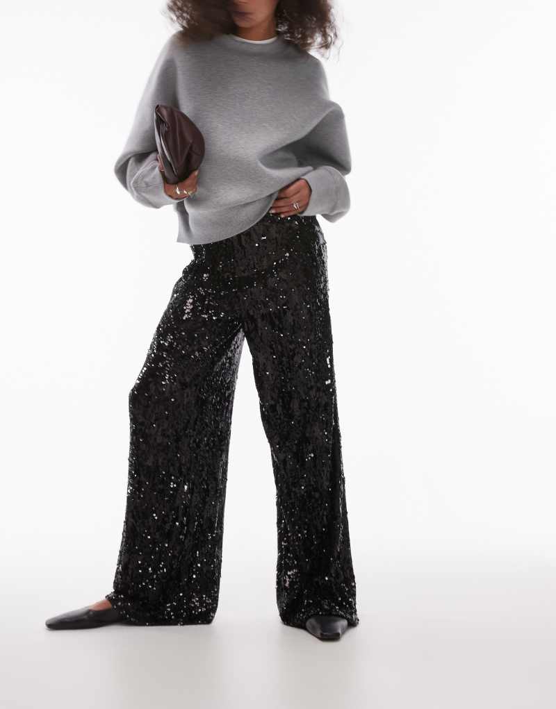 Topshop sequin wide leg pants in black TOPSHOP