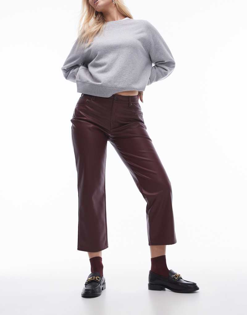 Topshop Hourglass ankle grazer straight leg faux leather pants in burgundy TOPSHOP