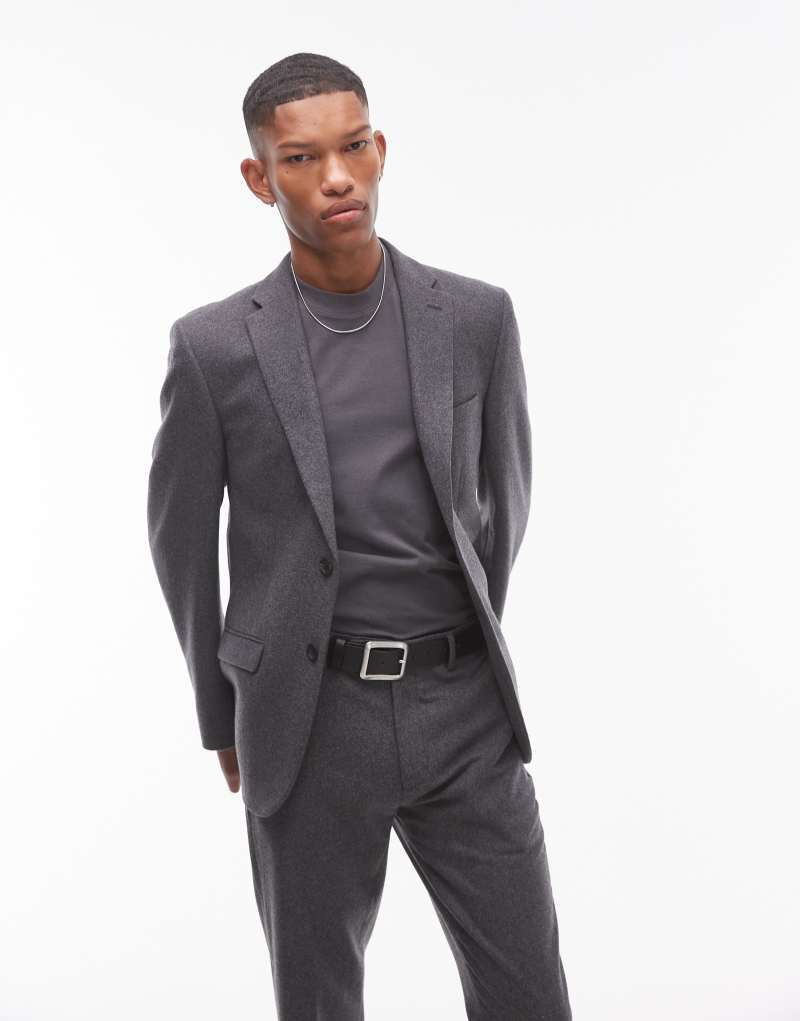 Topman premium wool mix slim suit jacket in charcoal TOPMAN