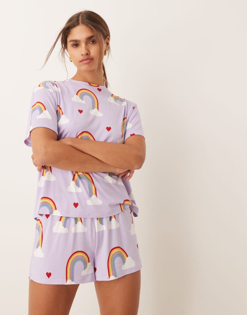 Urban Threads poly T-shirt and pants pajama set in heart/rainbow print Urban Threads