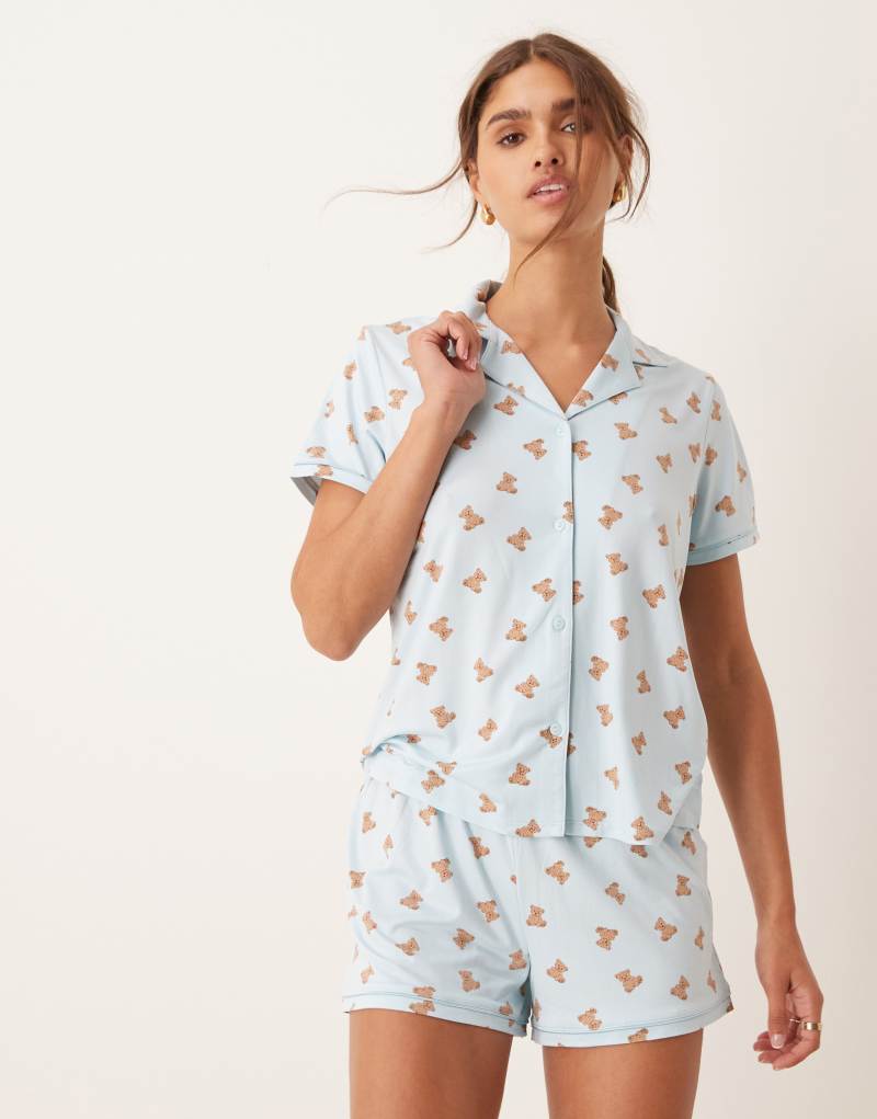 Urban Threads short sleeve revere and short pajama set in teddy bear print Urban Threads