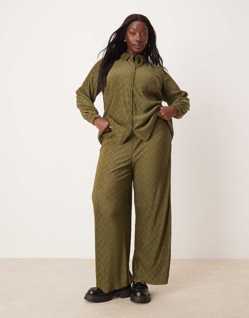 VILA Curve plisse wide leg pants in dark olive - part of a set Vila