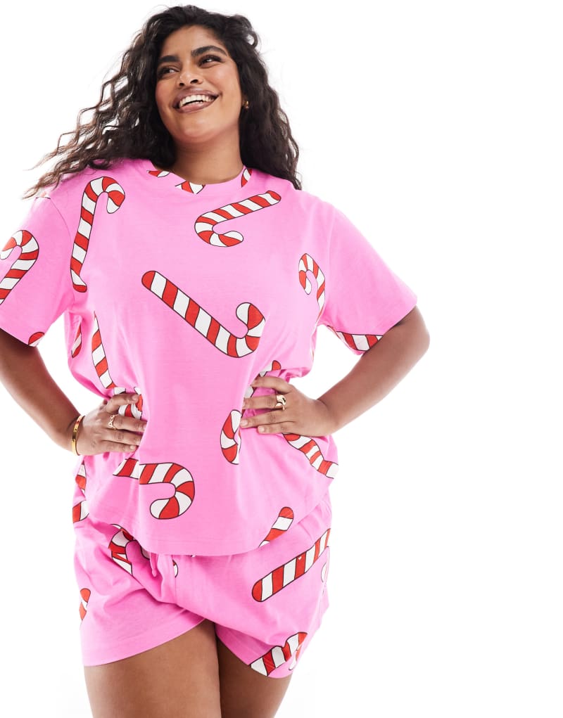 ASOS DESIGN Curve candy cane oversized tee & shorts pajama set in pink ASOS Curve