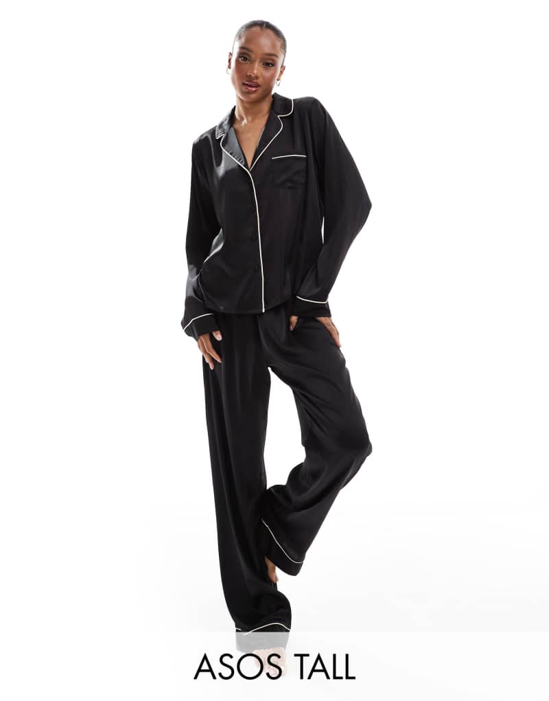 ASOS DESIGN Tall satin long sleeve shirt & pants pajama set in black ASOS Tall