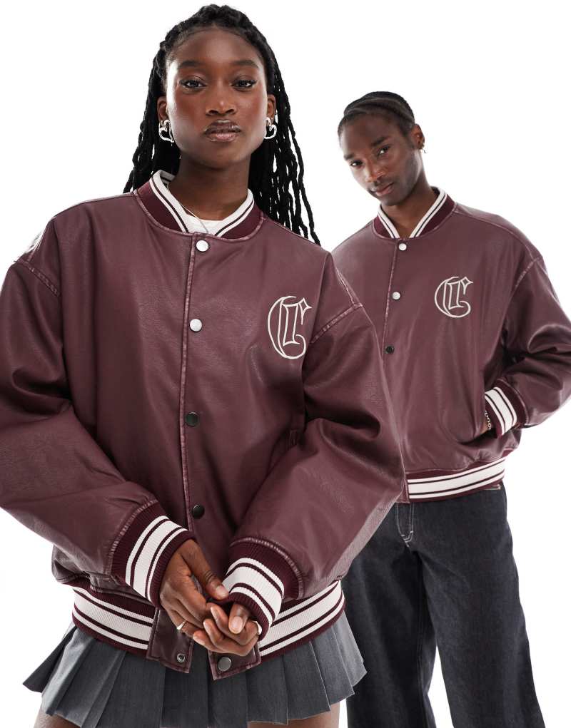 COLLUSION Unisex faux leather bomber jacket in burgundy Collusion