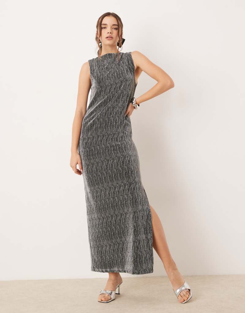 Selected Femme slit maxi dress in silver Selected