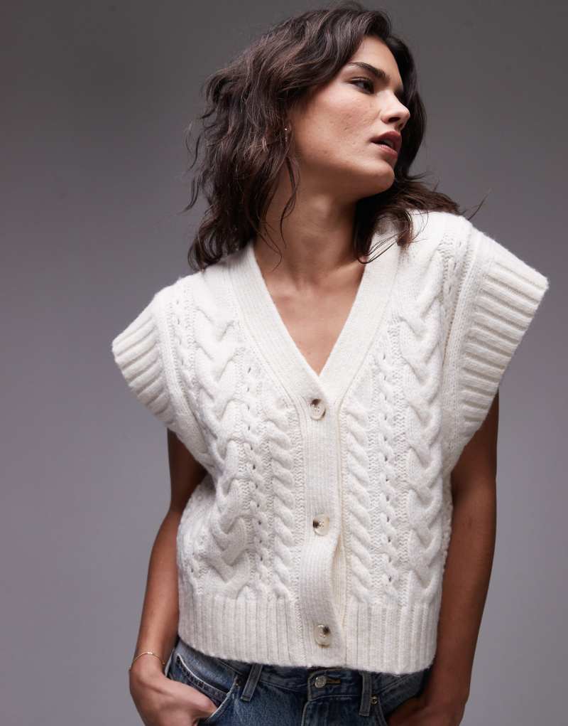 Topshop knitted oversized cable vest in ivory TOPSHOP