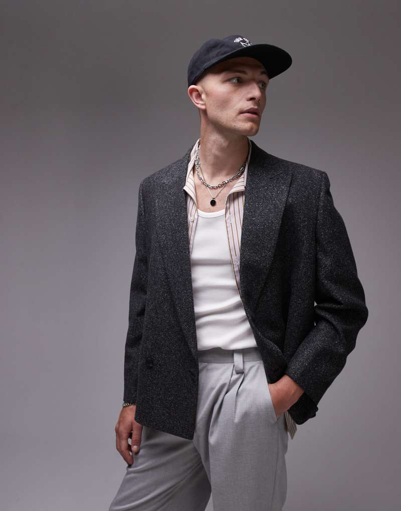 Topman premium boxy wool mix salt and pepper suit jacket in black TOPMAN