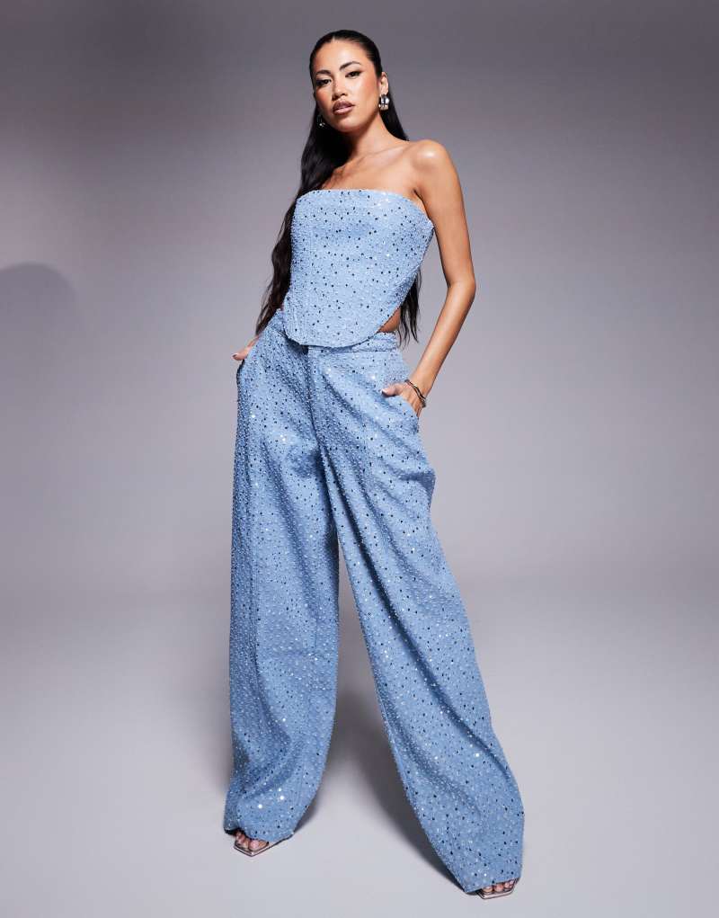 Wanderdoll sequin denim wide leg pants in blue - part of a set Wanderdoll