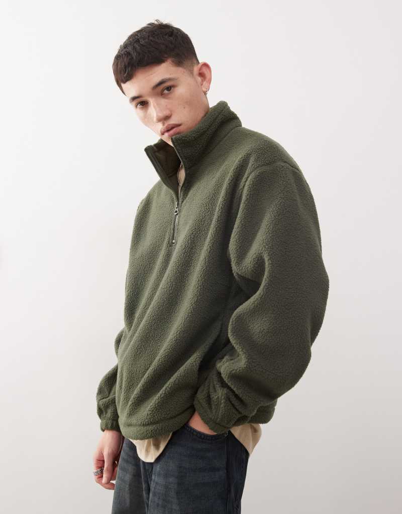 Weekday Travis half zip borg fleece sweatshirt in khaki Weekday