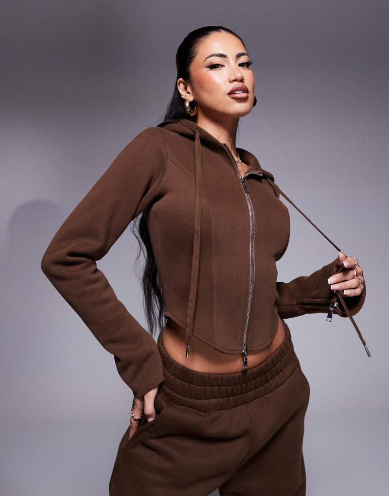 Wanderdoll Everyday fleeceback corset zip up hoodie in chocolate - part of a set Wanderdoll