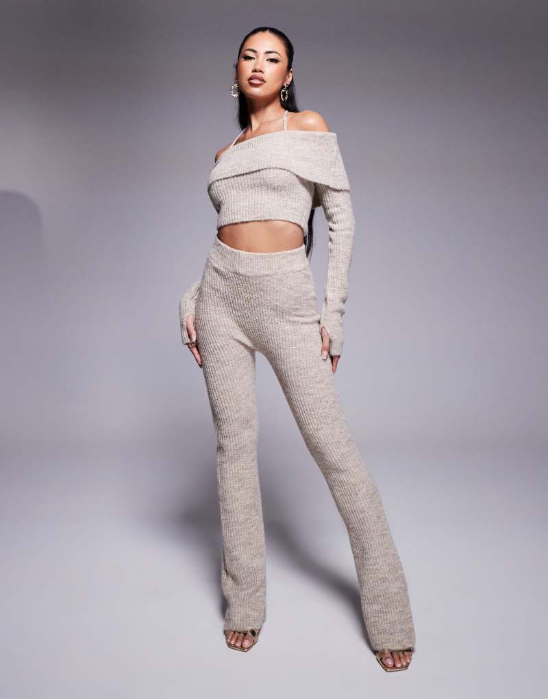 Wanderdoll Carrie knit off the shoulder crop top and pants set in oatmeal  Wanderdoll