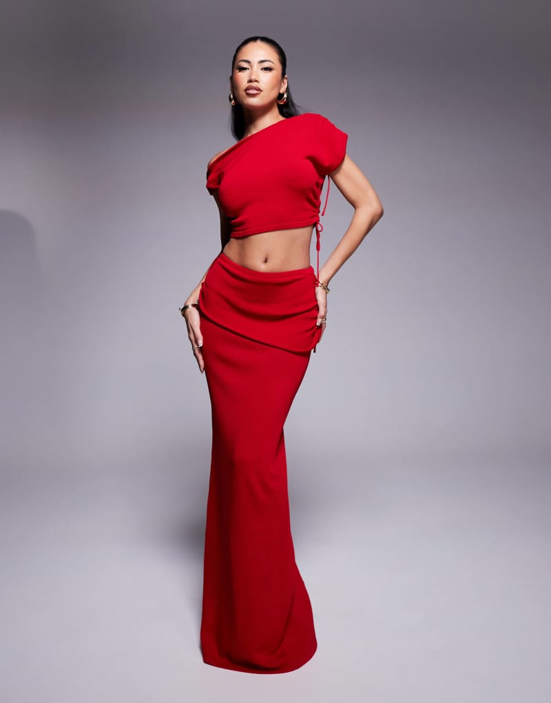 Wander Doll Yris knit off shoulder ruched detail top and maxi skirt set in red Wanderdoll