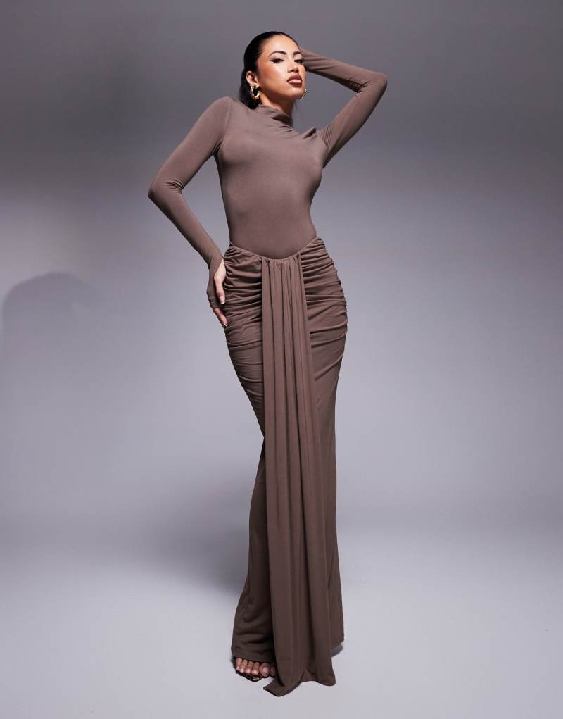 Wanderdoll Nara drape front maxi skirt in chocolate - part of a set Wanderdoll