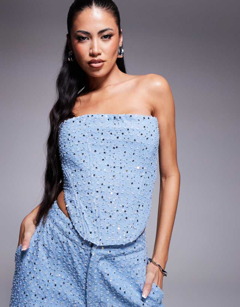 Wanderdoll sequin bandeau structured corset top in blue - part of a set Wanderdoll