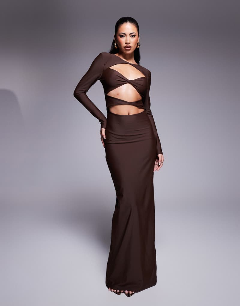 Wanderdoll Stassie exclusive cut out bodycon maxi dress in chocolate  Wanderdoll